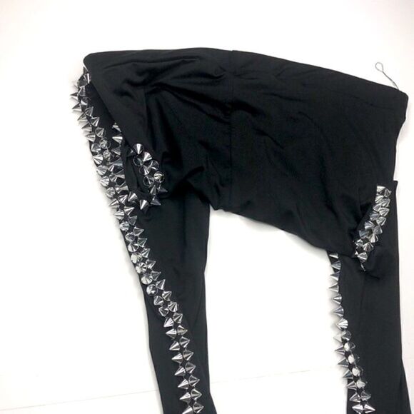 Silver Studded Black Leggings S/M Goth Clubwear Grunge Burlesque - Picture 6 of 11